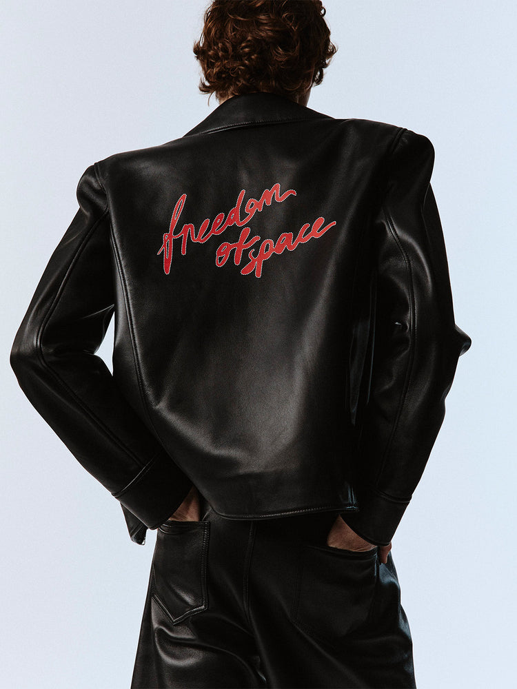 LOGO PRINTED LEATHER JACKET RED