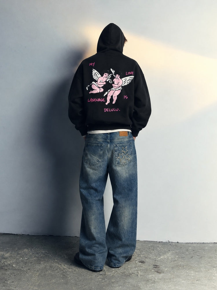 Delulu Full Zip Hoodie Black - model