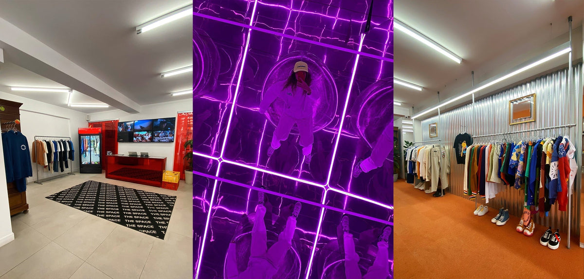 Inside Freedom of Space Teşvikiye: the ground floor, a lower-floor installation and the clothing racks