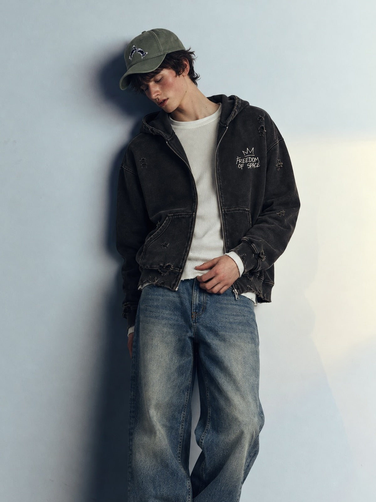 Disappearing Distress Full Zip Hoodie Black - model