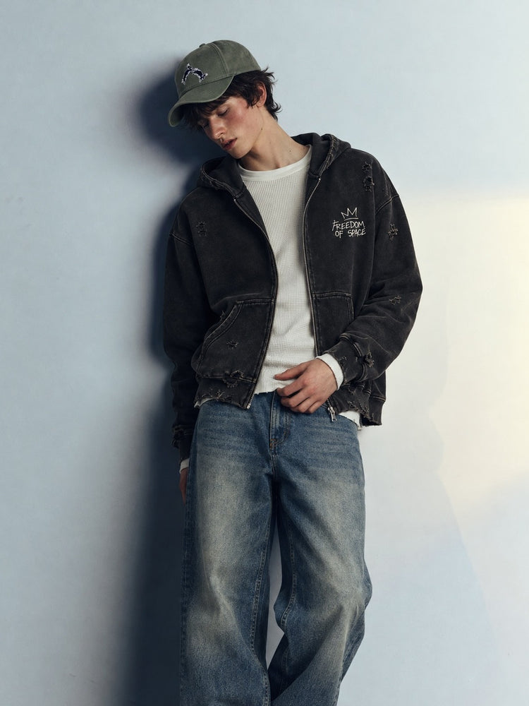 Disappearing Distress Full Zip Hoodie Black - model
