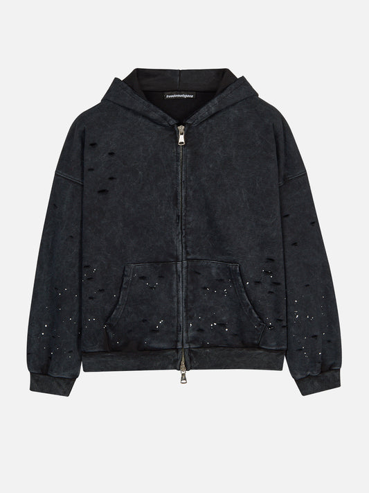 Faded Distressed Full Zip Hoodie Black - ön