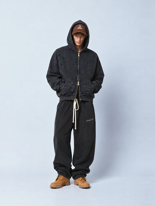 Faded Distressed Full Zip Hoodie Black - model