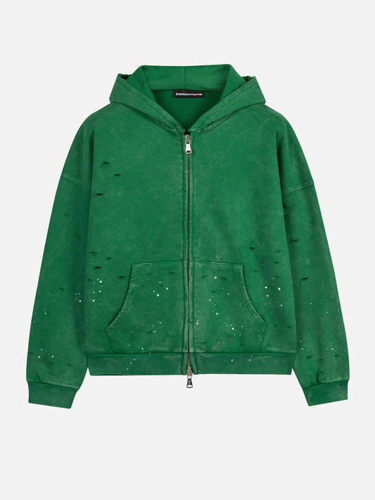 Faded Distressed Full Zip Hoodie Green - ön