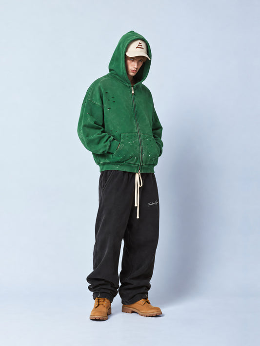 Faded Distressed Full Zip Hoodie Green - model