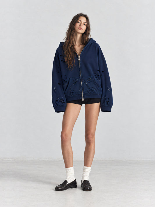 Faded Distressed Full Zip Hoodie Navy - model