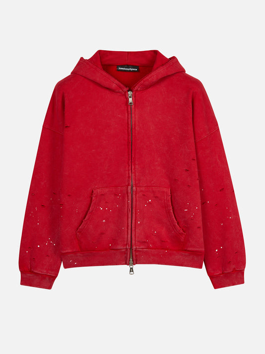 Faded Distressed Full Zip Hoodie Red - ön