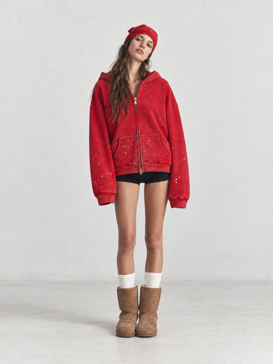 Faded Distressed Full Zip Hoodie Red - model