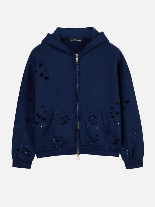 Faded Distressed Full Zip Hoodie Navy - ön